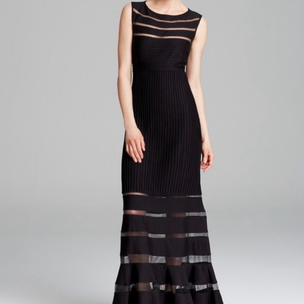 Tadashi Shoji Black Ribbed Sleeveless Sheer Maxi Dress - Size Xs